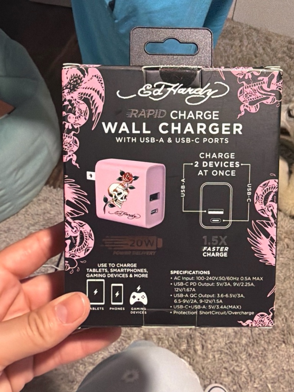 Ed Hardy Pink Dual-Port Rapid Charge Wall Charger with Skull & Rose Art